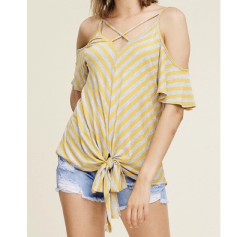 Cold Shoulder Top with criss cross and stripes